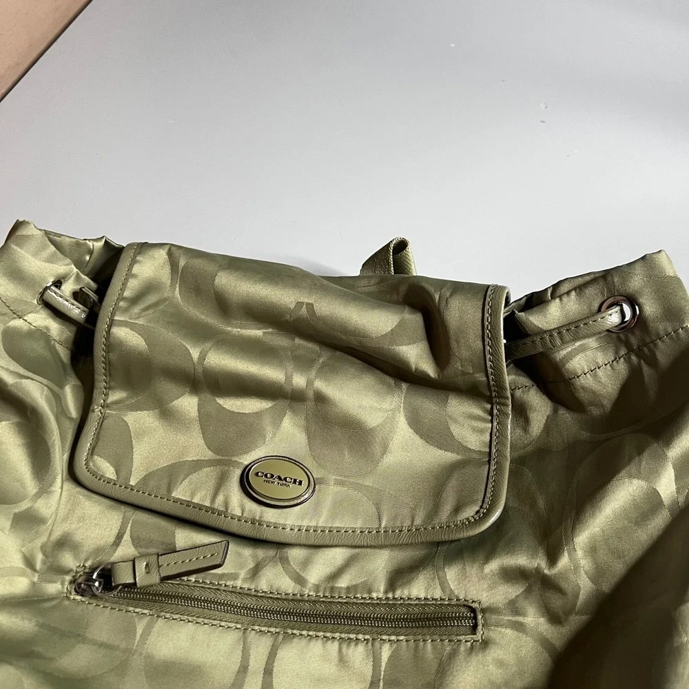 Coach Signature C Nylon Backpack Olive Green Drawstring Flap Bag F20781